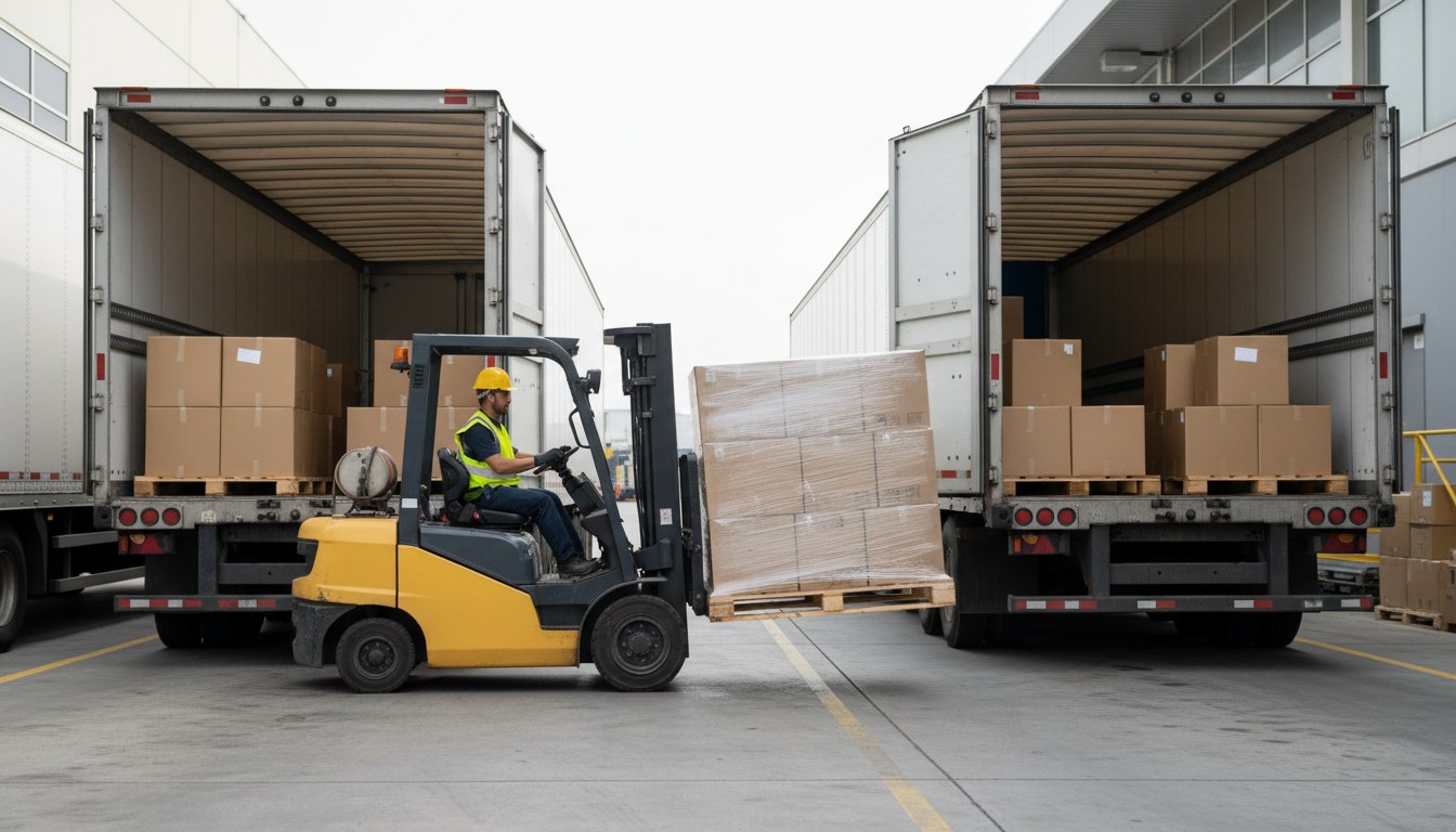 Freight being cross-docked between two trailers