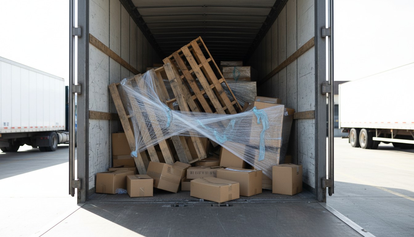 Shifted freight load inside a trailer before restacking